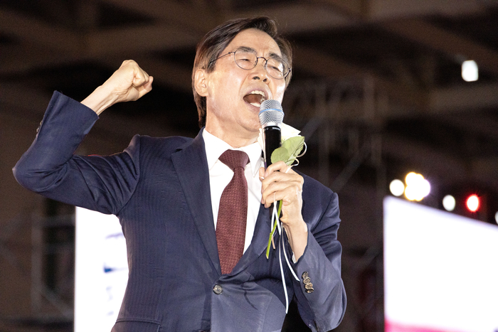 국민의힘 당 대표 선거에 출마한 조경태 후보가 22일 충북 청주시 흥덕구 청주오스코에서 열린 국민의힘 제6차 전당대회에서 비전 발표를 하고 있다. 연합뉴스