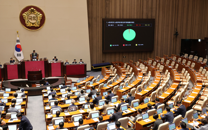 24일 국회 본회의에서 '노동조합 및 노동관계조정법 일부개정법률안(노란봉투법)'이 통과되고 있다. 연합뉴스