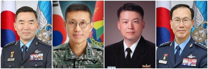 왼쪽부터 합참의장에 내정된 진영승 전략사령관, 육군총장에 내정된 김규하 미사일전략사령관, 해군총장에 내정된 강동길 합참 군사지원본부장, 공군총장에 내정된 손석락 공군 교육사령관. 국방부 제공.