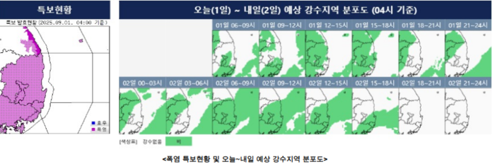폭염 특보현황 및 1~2일 예상 강수지역 분포도. 대구기상청 제공
