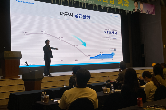 송원배 대구경북부동산분석학회 이사가 24일  대구그랜드호텔에서 열린 2026 경제전망 특강에서 지혜로운 지방부동산 투자법을 주제로 대구 부동산시장을 전망하고 있다. 윤정혜 기자