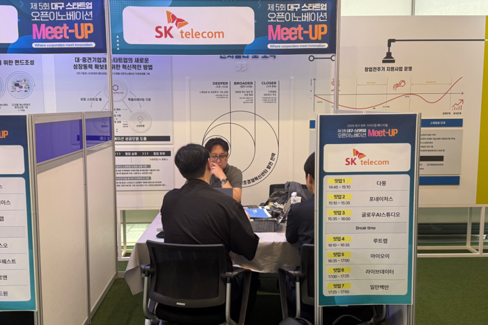 25일 오후 2025 대구경북 스타트업 페스티벌이 열린 대구 북구 창조경제혁신센터내 대구오픈이노베이션 밋업데이 행사장에서 스타트업 다몽 관계자들이 SKT 관계자에게 자사의 기술을 설명하고 있다. 이동현 기자