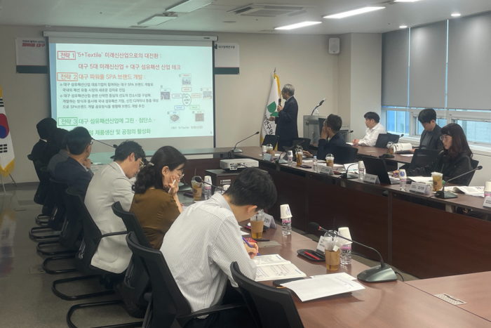 박양호 대구정책연구원장이 29일 연구원에서 열린 세미나에서 대구 SPA브랜드 개발전략을 발표하고 있다. 윤정혜기자