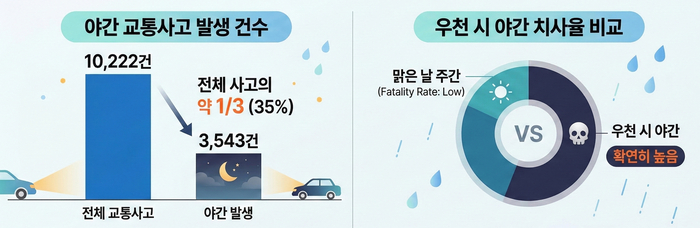 대구 지역 교통사고 분석 결과, 야간 사고 비중이 높고 우천 시 치사율이 급증하는 것으로 나났다. 나 주의가 필요합니다. 한국도로교통공단 교통사고분석시스템 자료. <그래프=생성형 AI>