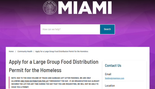 미국 마이애미시는 노숙인 대상 대규모 급식을 위해 지정된 장소와 시간에서 사전 허가를 받도록 하고 있다. <마이애미 공식 안내 페이지 캡처>