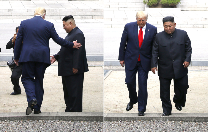 2019년 판문점에서 도널드 트럼프 미국 대통령과 김정은 북한 국무위원장이 군사분계선을 함께 넘어 이동하고 있다. 연합뉴스