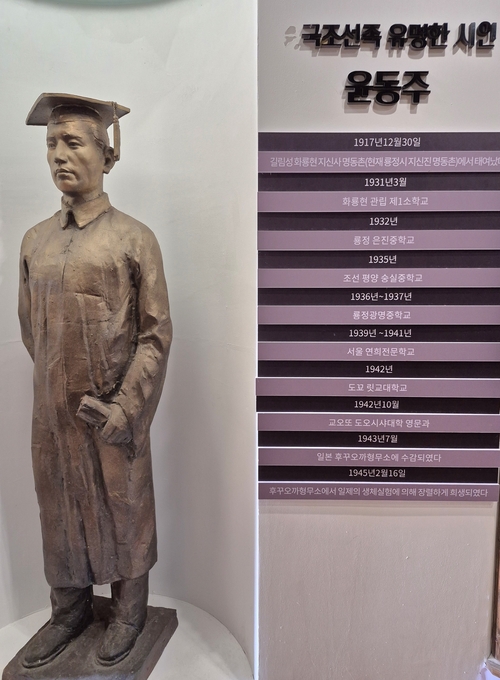 윤동주 시인 기념관에 있는 시인의 약력 소개 안내판. 누군가가 중국의 중을 지워버렸다. <박진관기자pajika@yeongnam.com>