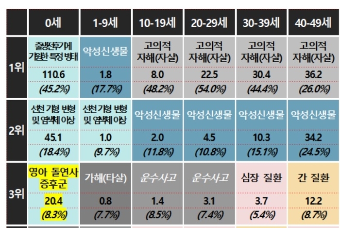 2024년 연령별 5대 사망원인 사망률 및 구성비.<국가데이터처 제공>