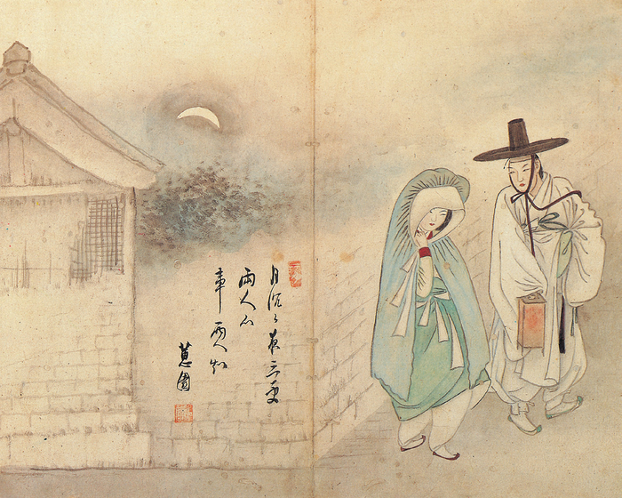 신윤복, 월하정인, 종이에 엷은 색, 28.2×35.6cm, 간송미술관 소장