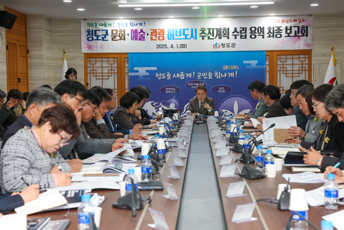 지난 4월 김하수 청도군수 주재로 문화·예술·관광 허브도시 추진계획 수립 연구용역 최종보고회가 열리고 있다. <청도군 제공>