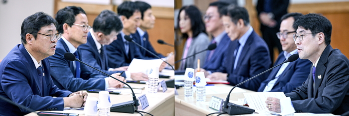 20일 오전 대구 중구 동인청사에서 열린 더불어민주당 대구시당과 대구시의 예산정책협의회에서 허소 민주당 대구시당위원장(왼쪽)과 김정기 대구시장 권한대행(오른쪽)이 지역 주요 현안과 내년도 국비 확보 방안을 논의하고 있다.
이현덕기자 lhd@yeongnam.com