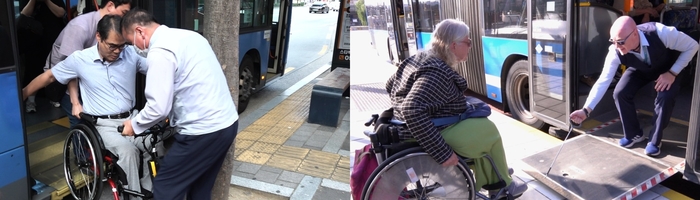 시내버스에 장착된 리프트가 고장 나 버스기사와 승객의 도움으로 저상버스에서 내리는 대구의 휠체어 이용자 송두용씨(왼쪽),  지난달 9일 오후 스웨덴 스톡홀름의 한 버스정류장에서 잉겔라씨가 버스 기사의 도움을 받아 수동리프트를 통해 저상버스에 탑승하고 있다. 박지현기자 lozpjh@yeongnam.com