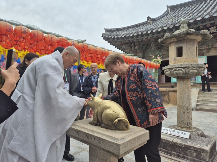 지난 30일  크리스탈리나 게오르기에바 국제통화기금(IMF) 총재가 불국사를 방문해 황금돼지난 30일  크리스탈리나 게오르기에바 국제통화기금(IMF) 총재가 불국사를 방문해 황금돼지를 쓰다듬고 있다. 경북도 제공