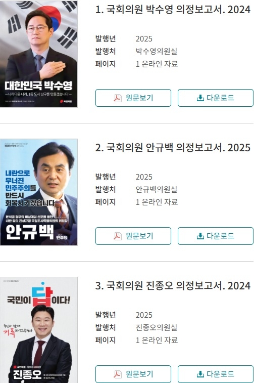 2일 국회도서관 국회의원 정책자료에는 국회의원들이 공개한 의정보고서를 확인할 수 있다. 국회도서관 홈페이지 캡처.