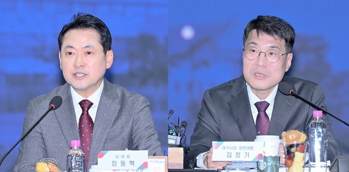 경북도청에서 열린 국민의힘 지도부와의 예산정책협의회에서 김정기 대구시장 권한대행이 현안에 대한 지원을 요청하고 있다. 대구시 제공