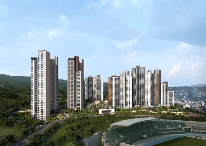두산건설이  1천372가구 규모로 신축하는 구미시 광평동 두산위브더제니스 구미 투시도, <두산건설 제공>