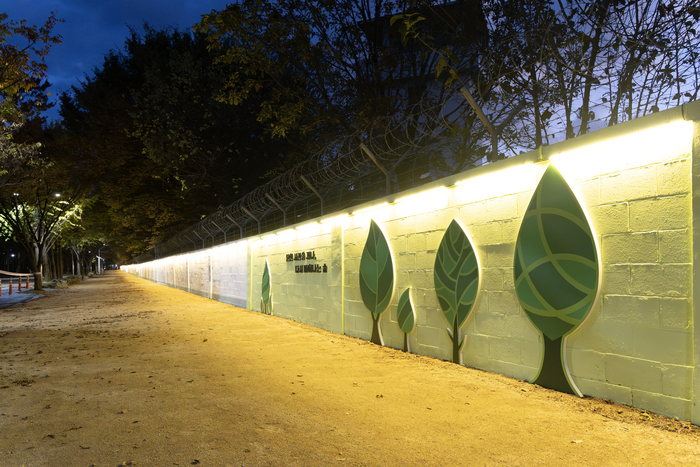 대구 달성군 화원읍 Re:화원의 빛의 담장길. 과거 대구교도소 외벽이었던 담장은 따뜻한 조명과 초록빛 나무 조형물로 새롭게 단장돼, 닫혀 있던 시간을 지나 회복과 재생의 상징으로 거듭났다.<달성군 제공>