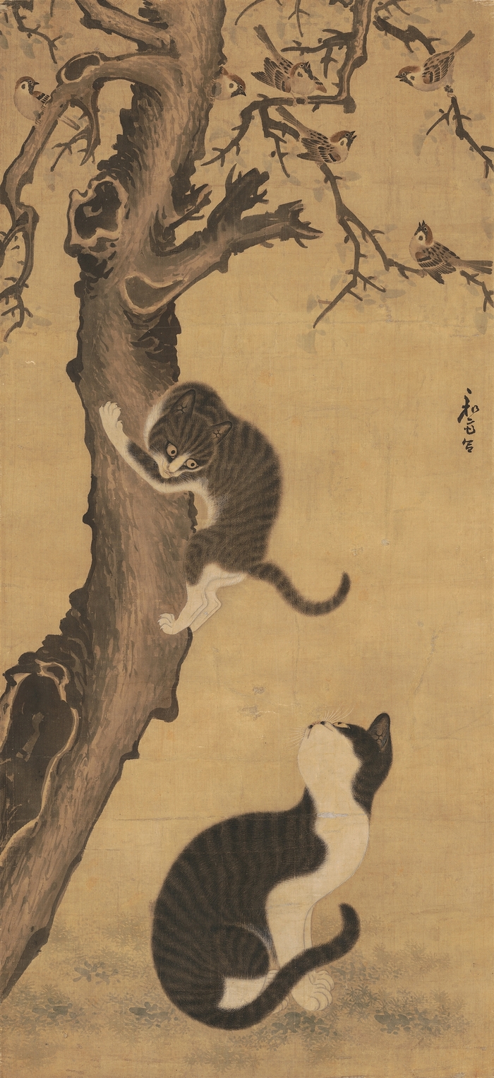 변상벽, 묘작도, 비단에 엷은 색, 93.9cm×43cm, 국립중앙박물관 소장