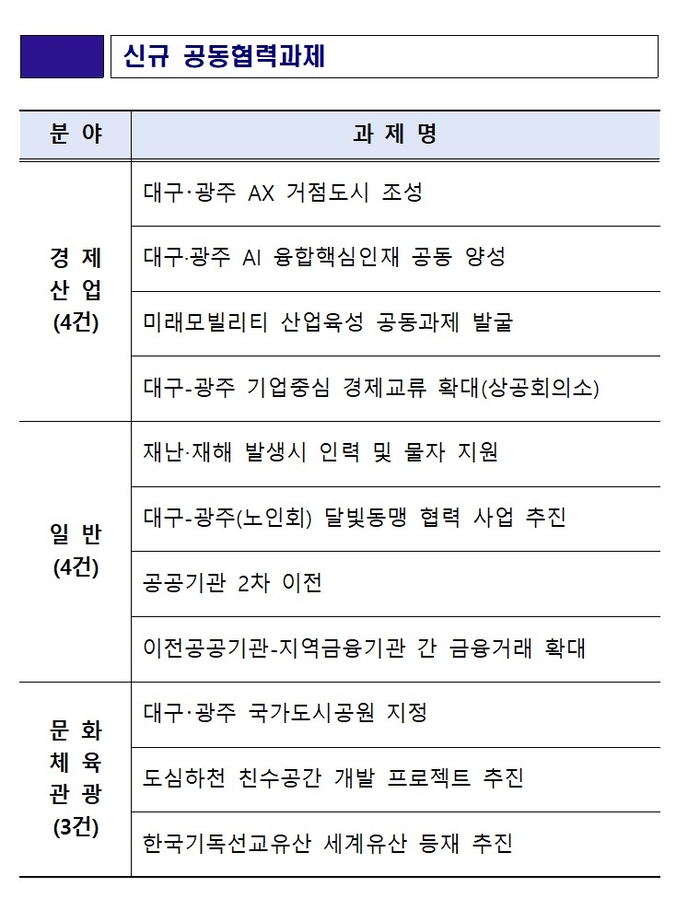 대구-광주 달빛동맹 신규 공동협력과제 표 <대구시 제공>