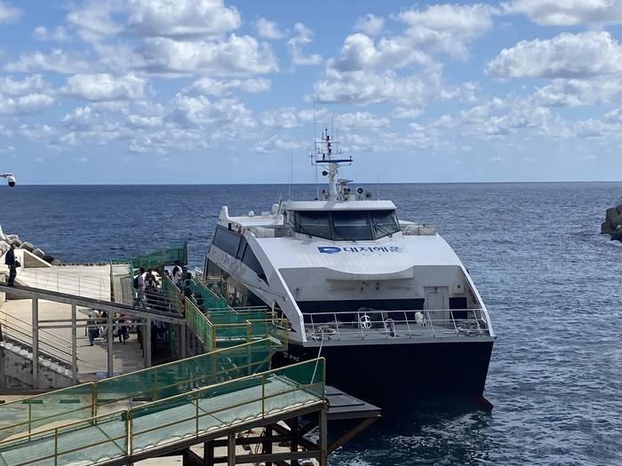 울릉도와 육지를 잇는 유일한 여객선 뉴씨다오펄호가 다음달 정비에 들어가며 휴항이 불가피한 상황에서 해수부는 휴항 중이던 썬라이즈호를 대체 투입하기로 결정했다. 울릉 도동항에 정박한 썬라이즈호. 김기태 기자