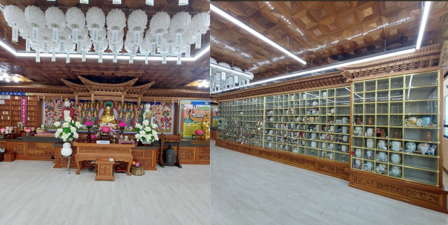 극락사 추모공원 내부 전경. 불교식 법당과 현대식 봉안당이 함께 조성돼 있으며, 따뜻한 조명과 목재 인테리어가 조화를 이룬다. 대형 유리 안치단이 정돈된 구조로 배치돼 있어 실내가 밝고 개방감 있게 설계된 것이 특징이다.<극락사 제공>