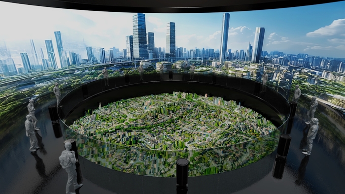 SSNC에서는 SMR과 신재생에너지 등 다양한 에너지원이 조화롭게 순환하는 미래 에너지 생태계를 몰입감 있는 영상으로 체험할 수 있다. 사진은 초대형 도시 모형을 통해 SMR  중심의 지속가능한 미래를 보여주는 에너지 파노라마.  <한국수력원자력 제공>