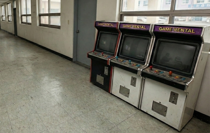 영업 중단된 온천업장 복도에 방치된 오락기<생성형 AI 제작>