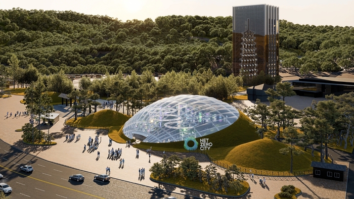 경주엑스포대공원 입구에 조성된  한국수력원자력 미래 에너지 전시 공간인 기업홍보관 SSNC 조감도.  SSNC는 SMR Smart Net-zero City의 약자로, 차세대 원자력 기술인 SMR과 신재생에너지를 활용한 한수원의 비전을 담은 공간이다.  <한국수력원자력 제공>