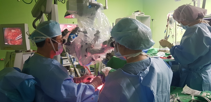 뇌종양 수술 모습-고가의 장비와 수술기구 및 보조인력의 도움 없이는 불가능하다.<경북도 제공>