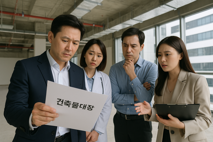 신축 상가 내부에서 의료진과 개원 준비 관계자들이 건축물대장 서류를 확인하며 논의하고 있다. 최근 의료계에는 건축물 용도 착오로 의원 개설이 무산되는 사례가 잇따르고 있다.<챗지피티 생성>