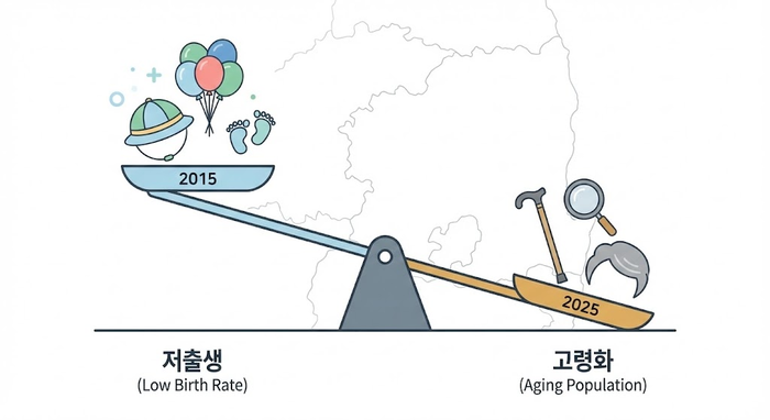 대구경북 지역에서 2015년부터 2025년까지 10년새 저출생 고령화 현상이 두드러지고 있는 것으로 나타났다. 구글 제미나이3.0 제작