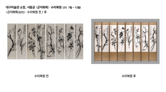 대구미술관 소장, 서동균 군자화목(앞면) 수리복원 전후.<대구간송미술관 제공>