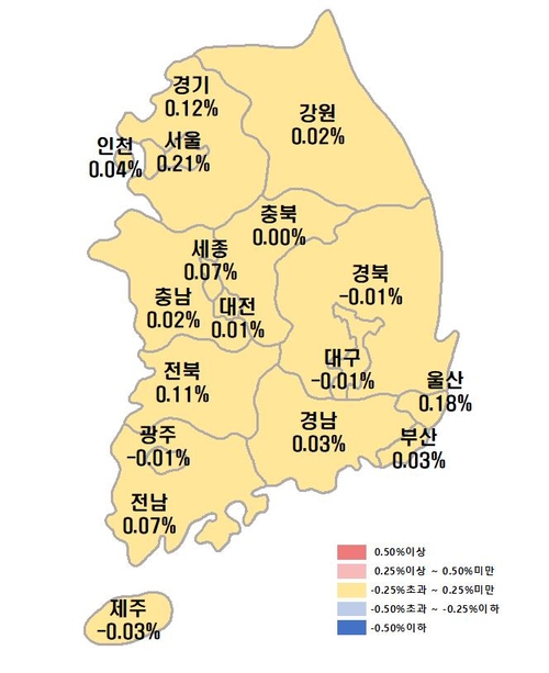 12월4주 전국 주간 아파트매매가격 변동률. 대구는 전주대비 0.01% 하락했다. <출처 한국부동산원>
