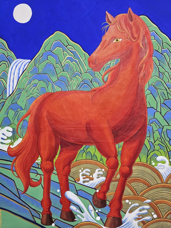 김지연 일월오봉도 해의 말. 대구동구문화재단 아양아트센터는 오는 11일까지 열리는 2026 병오년(丙午年) 새해맞이 말(馬) 그림展(전)을 통해 작가 120여 명의 말 작품을 선보인다.<대구동구문화재단 제공>