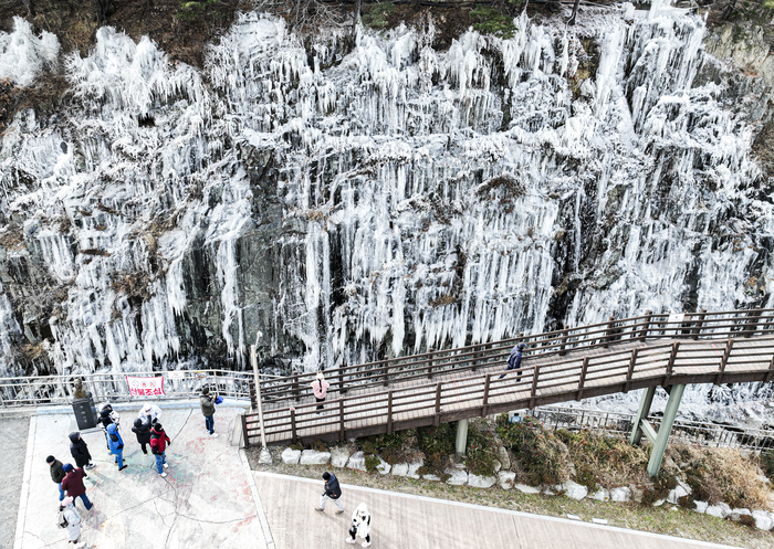 한파가 몰아친 새해 첫날인 1일, 대구 달성군 송해공원 옥연지 얼음동산 절벽에 하얀 고드름이 늘어서며 웅장한 겨울 경관을 연출하고 있다. 연장 200m, 높이 15m의 절벽 전면에 형성된 빙벽이 강추위 속에서 선명한 모습을 드러내고 있다. 대구지방기상청은 한파가 이어지다가 4일부터 점차 누그러들 것으로 예보했다.
이현덕기자 lhd@yeongnam.com