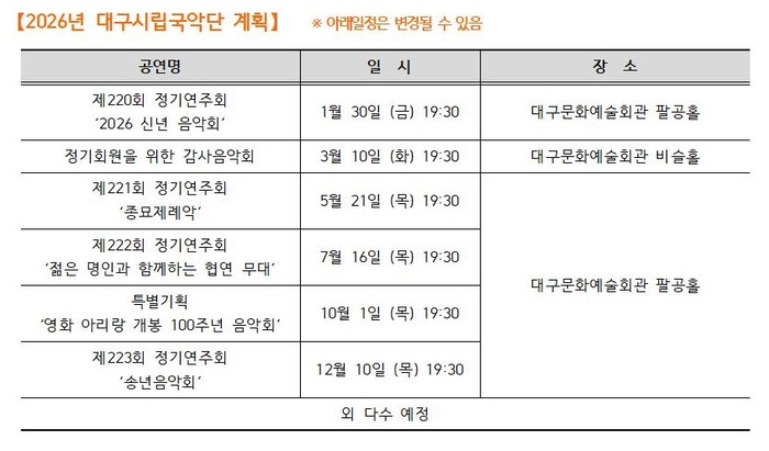2026 주요 공연 일정(시립국악단) <대구문화예술진흥원 제공>