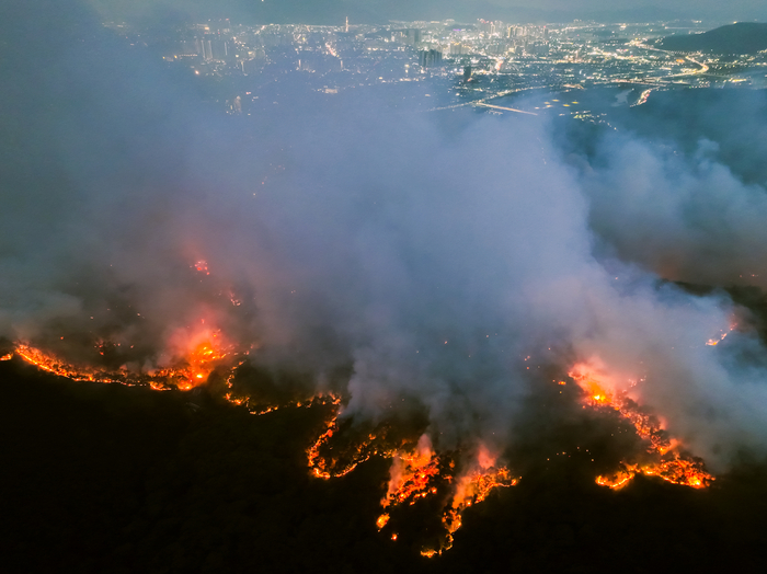 지난해 4월 28일 대구 함지산에서 발생한 산불이 강풍을 따라 확산하고 있다. 영남일보DB