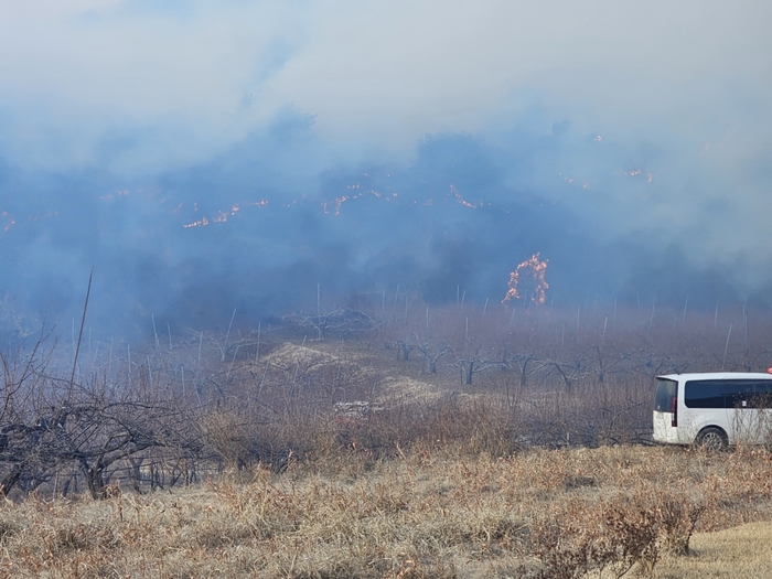 의성군 의성읍 비봉리 의성경찰서 맞은편 야산에서 산불이 발생했다. <의성군 제공>
