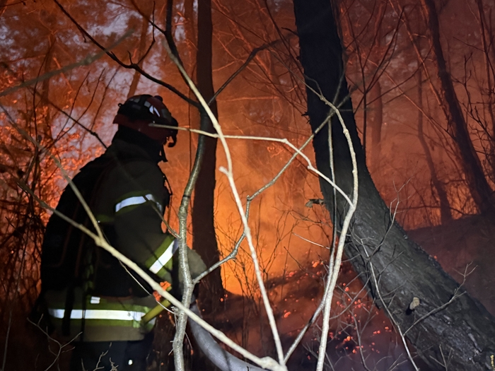 지난 10일 오후 의성군 의성읍 비봉리 일대 야산에서 산불이 발생하자, 경북소방본부 산불신속대응팀이 화마를 뚫고 진화에 나서고 있다. <경북소방본부 제공>