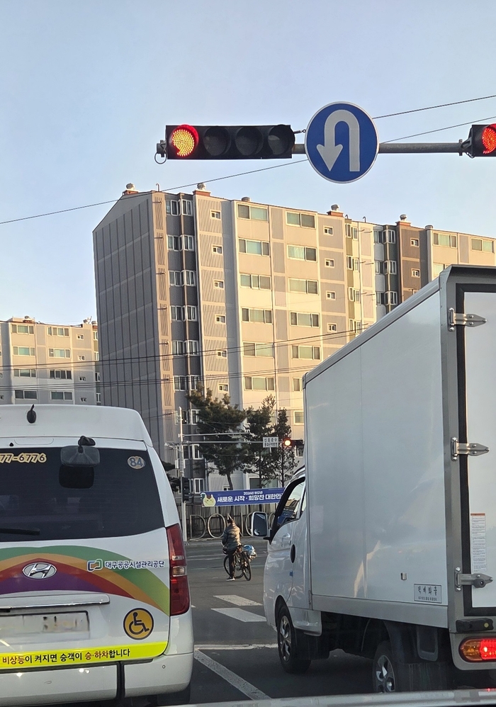 지난 7일 대구 동구 효목고가네거리에서 고령의 자전거 운전자가 차량 사이 차로를 주행해 사고 위험이 우려된다. 강명주 시민기자