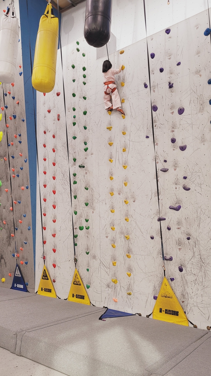 대구 북구의 한 클라이밍장에서 여자 아이가 안전벨트를 착용하고 리드 클라이밍을 하고 있다. 이효설기자