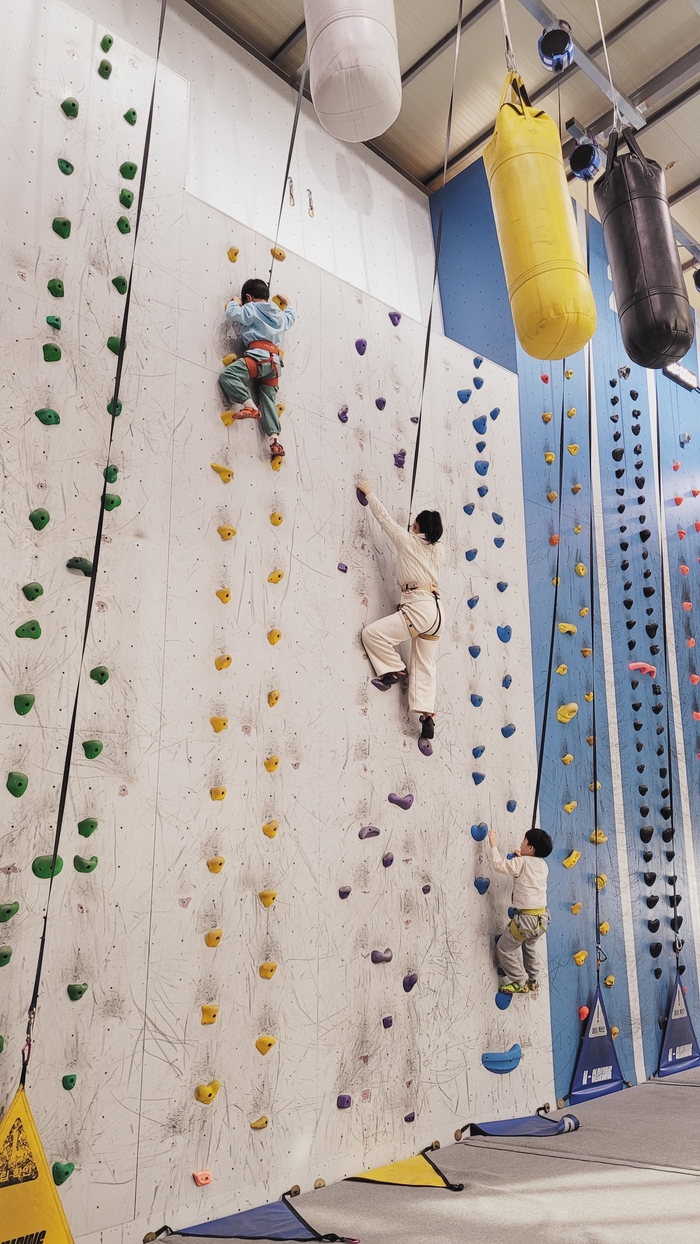 아이들이 성인이 함께 리드 클라이밍을 즐기고 있다. 등반 후 떨어질 때 무서워하는 아이는 없었다. 이효설기자