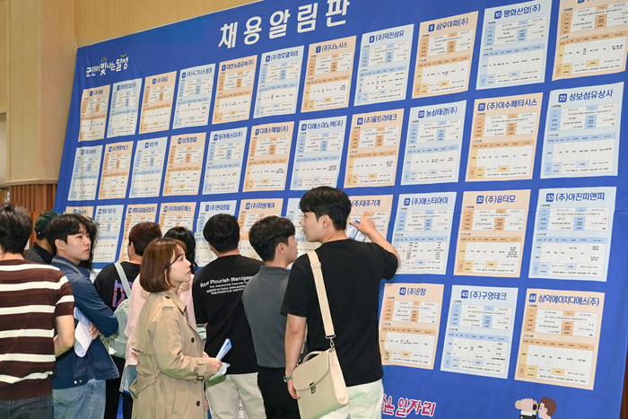 2024년 달성군 취업박람회 현장에서 청년 구직자들이 채용알림판 앞에 모여 기업별 채용 공고를 살펴보고 있다.<달성군 제공>