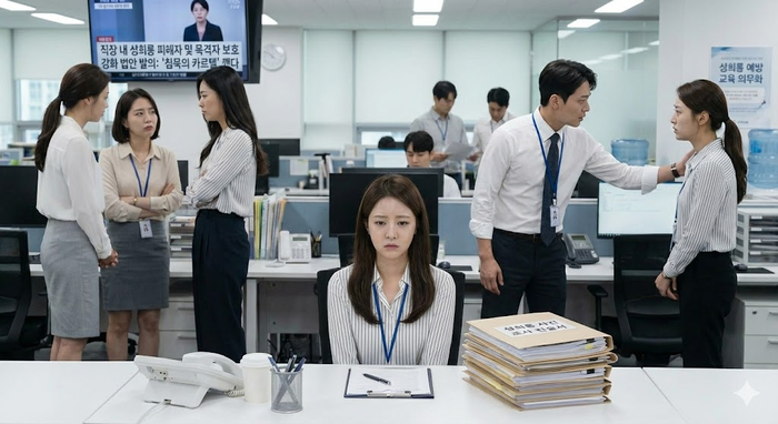직장 내 성희롱 사건 조사 과정에서 목격자로 진술한 뒤 사내 따돌림 등 2차 피해를 겪는 사례가 끊이지 않고 있다. 이에 13일 국민의힘 김위상 의원은 기존 피해 당사자뿐만 아니라 조사에 협조한 참고인과 목격자까지 법적 보호 대상에 포함하는 남녀고용평등법 개정안을 대표발의했다. 사진은 성희롱 사건 진술 후 동료들 사이에서 고립된 직원의 모습을 연출한 장면. 구글 제미나이 생성 이미지