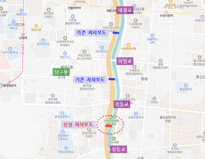대구 남구 봉덕동과 신천둔치를 연결하는 지하보행로가 오는 6월 준공될 전망이다. 사진은 신설 지하보도의 위치도. 남구청 제공