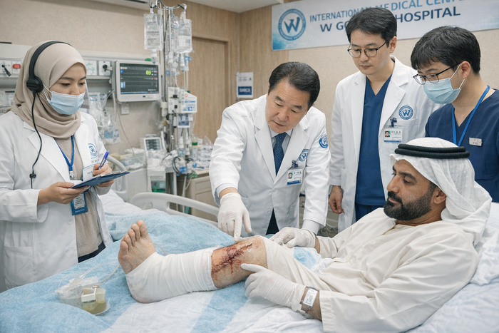 W병원 의료진이 해외 환자의 하지 재건 치료를 살펴보는 가상 이미지.<챗GPT 생성>