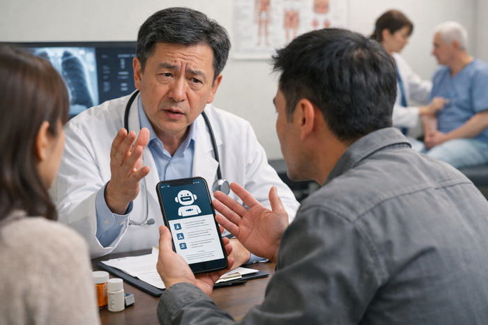 대구의 한 병·의원 진료실에서 환자가 스마트폰을 들고 의료진과 대화를 나누고 있다. 최근 인공지능(AI)을 통해 증상과 치료 정보를 미리 확인한 뒤 병원을 찾는 사례가 늘면서, 진료 현장에서는 환자와 의사 간 판단을 둘러싼 갈등이 새로운 과제로 떠오르고 있다.<챗GPT 생성>