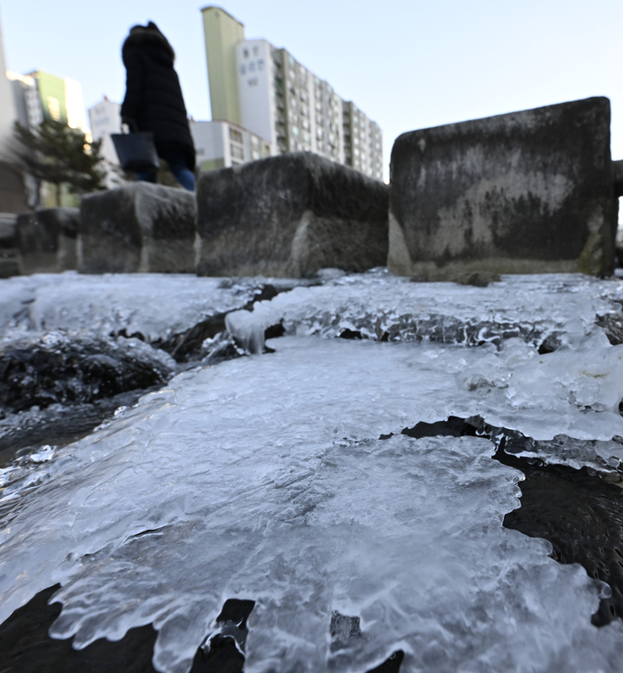 [포토뉴스] 얼어붙은 신천 건너는 대구시민
