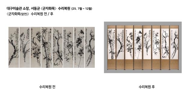 대구미술관 소장 서동균 군자화목 수리복원 전후.<대구간송미술관 제공>