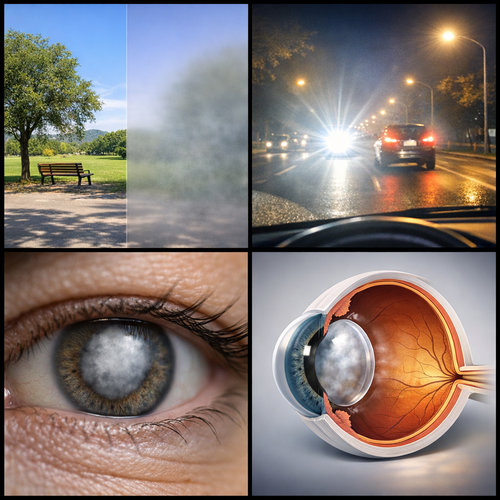 백내장으로 인한 시야 변화를 보여주는 이미지. 정상 시야와 혼탁한 시야를 대비해 표현했으며, 야간 운전 시 빛 번짐 현상과 수정체 혼탁 모습, 눈 단면도를 통해 질환의 특징을 시각적으로 설명한다. <그래픽=생성형 AI>